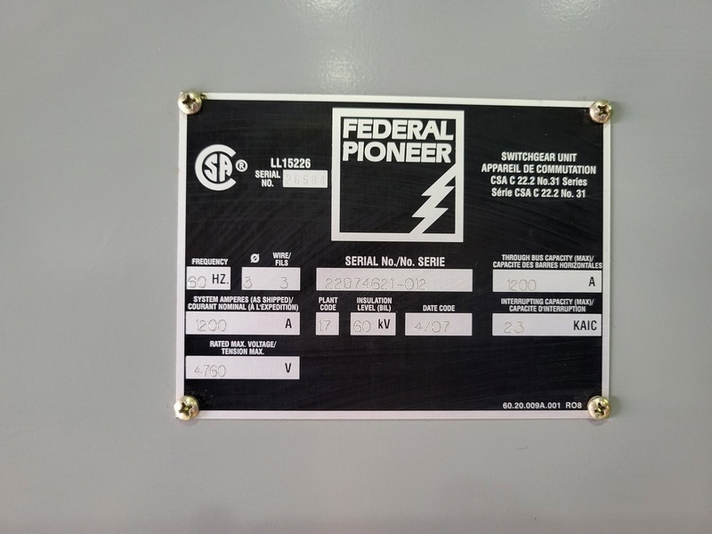 Federal Pioneer, 1200 Amps 4160 Volts Switchgear, Main Breaker & Tie Breaker w/ 2 Auxiliary Units, 2007 - Image 9