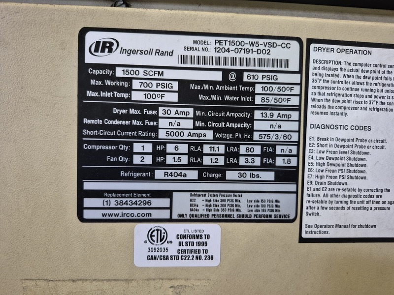 Ingersoll-Rand #PET1500-W5-VSD-CC, 1500 SCFM, 610 psi, Refrigerated Air Dryer - Image 2