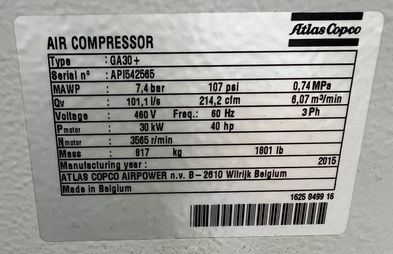 Atlas Copco #GA30, 40 HP, 214.2 cfm, 107 psi Air Compressor, 2015 (2 available) - Image 2