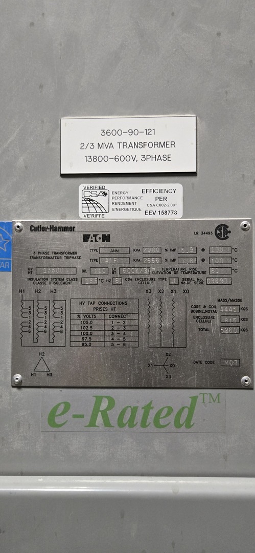 2000/2666 KVA 13800 Pri, 600Y/347 Secondary, Eaton Cutler-Hammer, Dry Type Transformer, 3PH, 2007 - Image 3