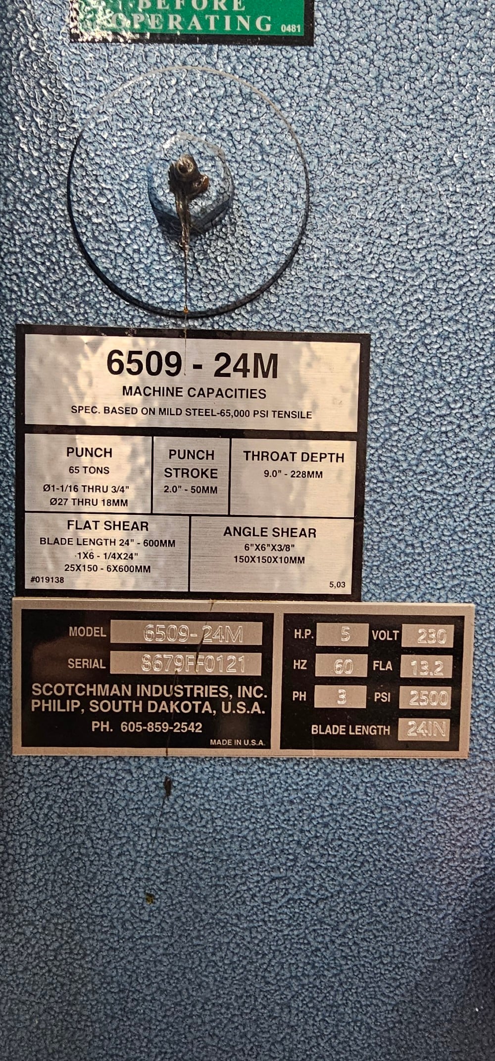 6" x 6" x 3/8" Scotchman #6509-24M, 65 ton, 9" throat, 5 HP, 48" manual Back Gauge, loaded with accessories - Image 8