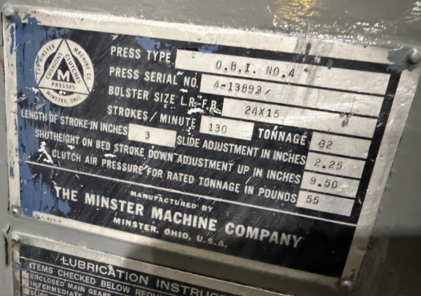 32 Ton, Minster #4, OBI Mechanical Punch Press, 3" stroke, 2.25" slide adjustment, 9.5" shut height, 0-130 - Image 2
