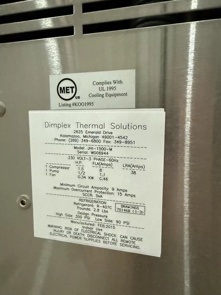 1.5 Ton, Dimplex Thermal #JHI-1500-M, Chiller, 18,000 BTU/hr, 10 Gallon Reservoir, 35/50 PSI., R-134A, 2015 - Image 5