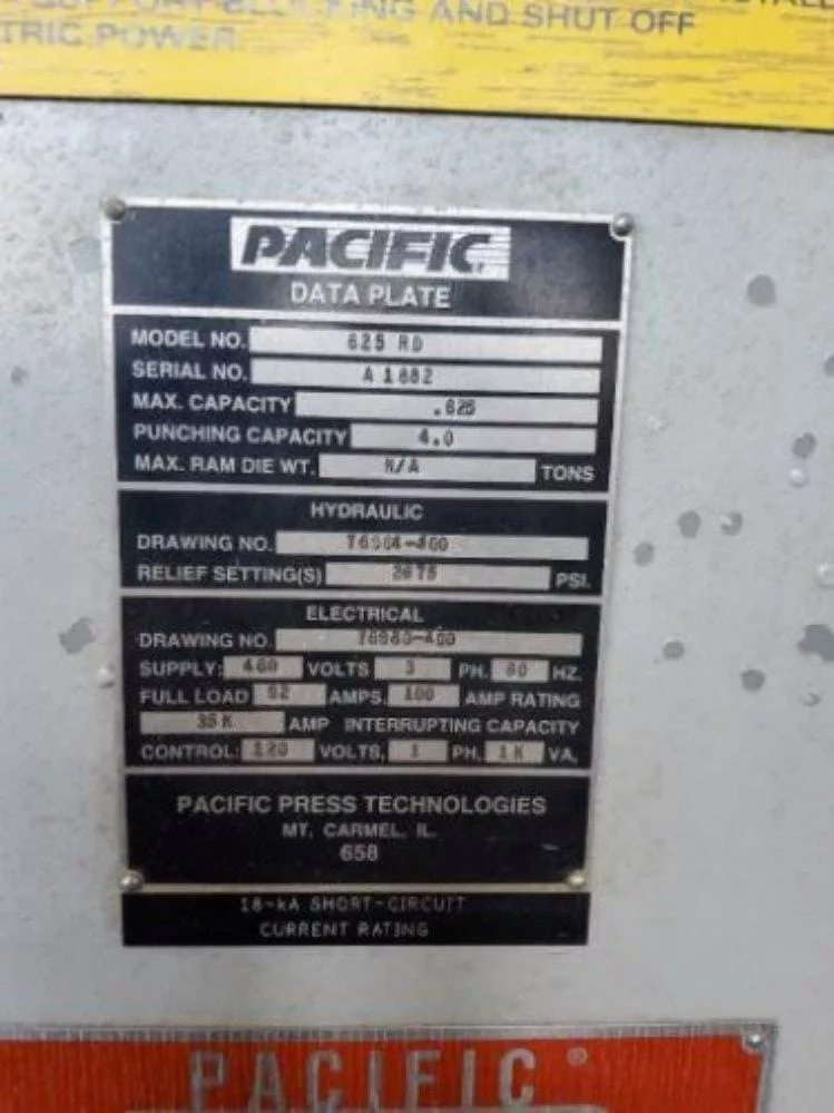 625 Ton, Pacific #625RD, hydraulic straightening press, 18" stroke, 28" x 28" pressing platen, 34" x 120" - Image 8
