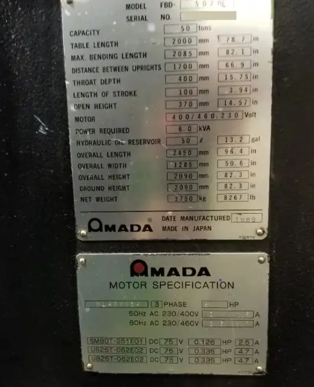 50 Ton, Amada #FBD-5020E, CNC hydraulic press brake, 6.5' overall, 66" between housing, 4" stroke, NC9EX - Image 4