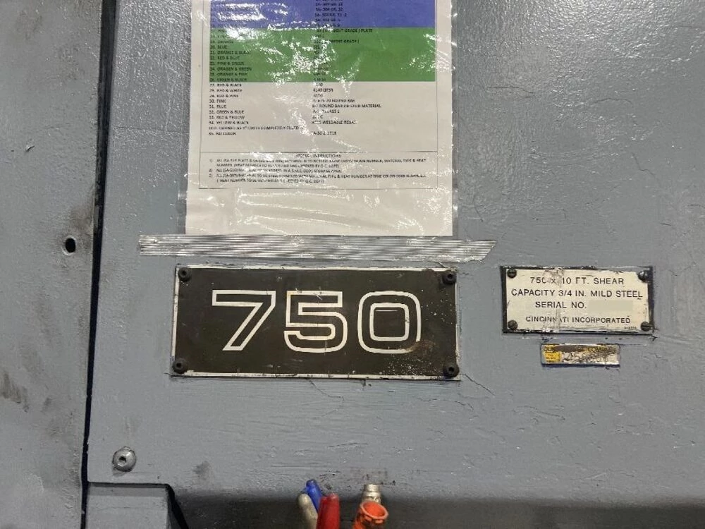 3/4" x 10' Cincinnati #750-10, power squaring shear, 48" front operated back gauge, 154" squaring arm, 1987 - Image 5