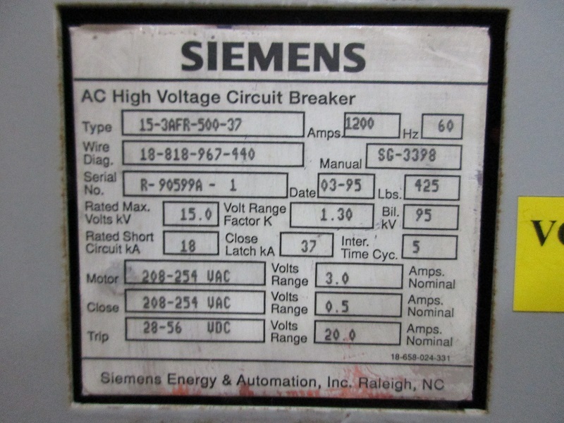 1200 Amps, Siemens, 15-3afr- 500-37, Vacuum Conversion, 208-254 VAC - Image 2