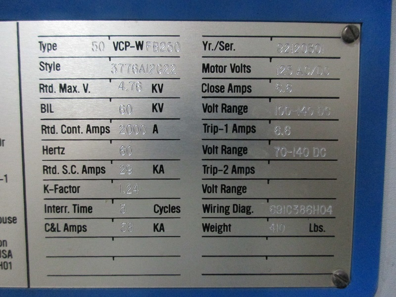 2000 Amps, Westinghouse, -50vcp-wfb250, 125 AC/DC - Image 2