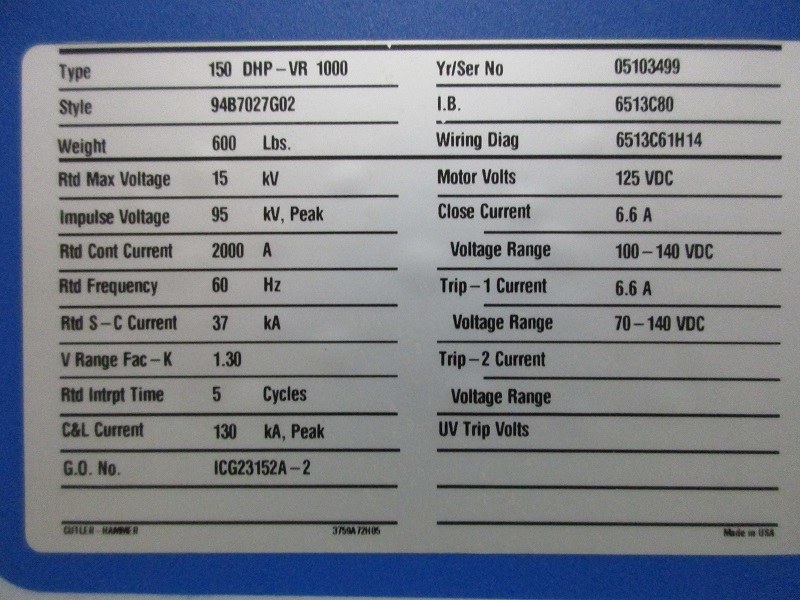 2000 Amps, Cutler-Hammer, 150DHP-VR1000, 125 VDC - Image 2