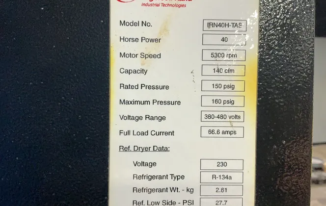 140 CFM, 150 Psig, Ingeroll Rand #IRN40H-TAS-HV, Rotary Screw Air Compressor, 40 HP, 5300 RPM - Image 4