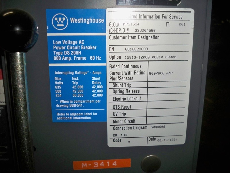800 Amps, Westinghouse, DS-206H, manually operated, drawout - Image 2