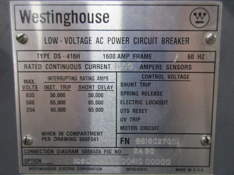 1600 Amps, Westinghouse, DS-416H, manually operated, drawout - Image 2