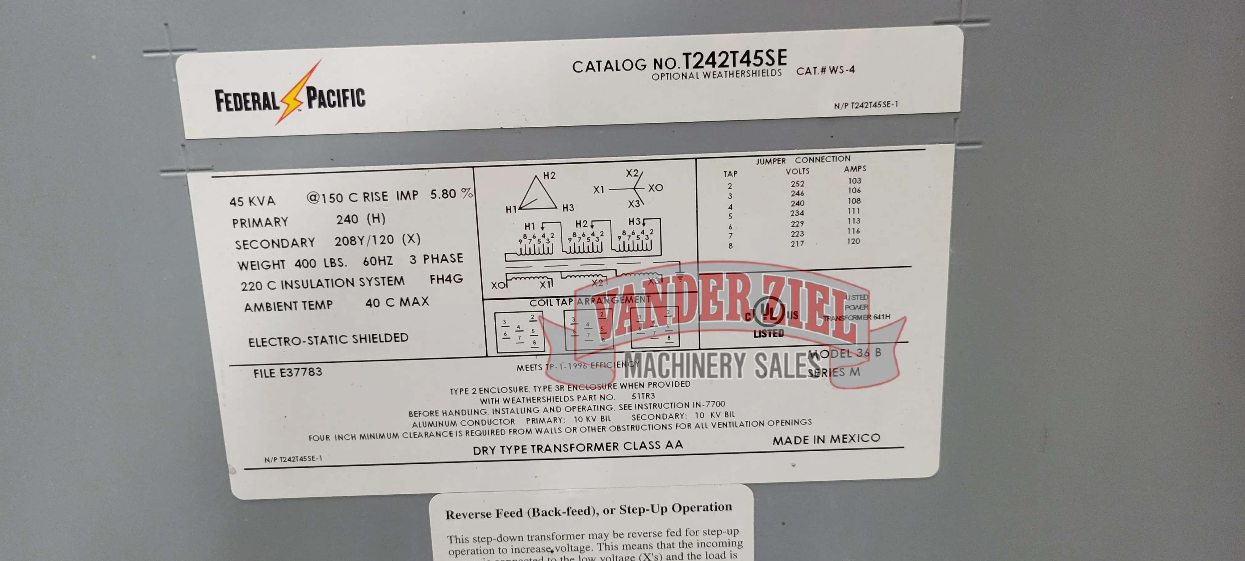 45 KVA 240 Primary, 208Y/160 Secondary, Federal Pacific, Transformer, 3 Phase, 60 Hz. - Image 6