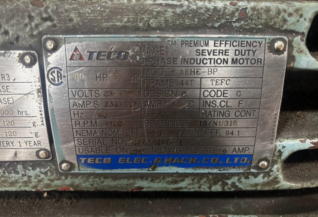 100 HP 1180 RPM Teco, Frame 444T Severe Duty, TEFC, 230/460 Volts - Image 2