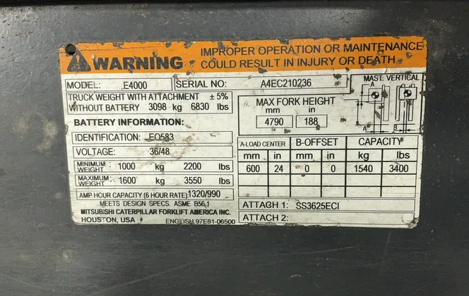 3,550 LB Caterpillar #E4000, Electric Forklift - Image 8