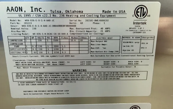 Aaon #WVA-036-E-0-1-4-AA0-JC, Heat Pump (2 available) - Image 8