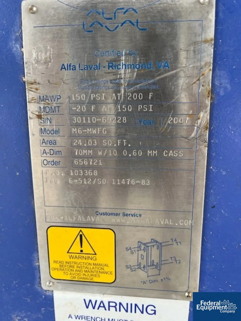 24 sq.ft., Alfa-Laval #M6-MWFG, Plate Heat Exchanger, Stainless Steel, 150 psi, unused, 2007 - Image 2