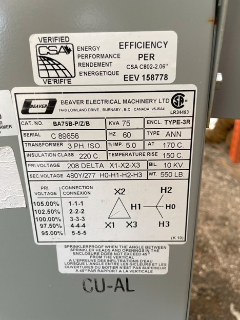 75 KVA 208 Delta Primary, 480Y/277 Secondary, Beaver #BA75B-P/Z/B, Dry Type Isolation Transformer, 3 Phase - Image 5