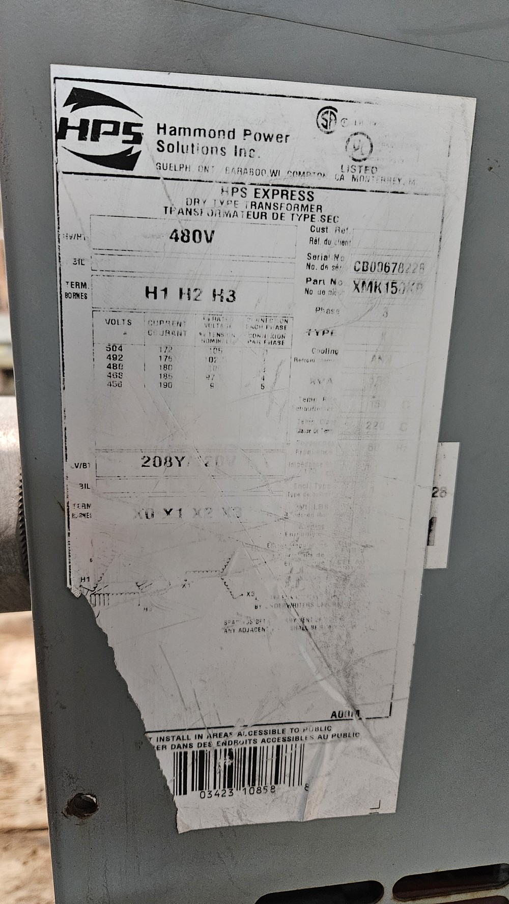150 KVA 480 Primary, 208Y/120 Secondary, Hammond Power Solutions #XMK150KB, Dry Type Auto-Transformer, 3 Phase - Image 3