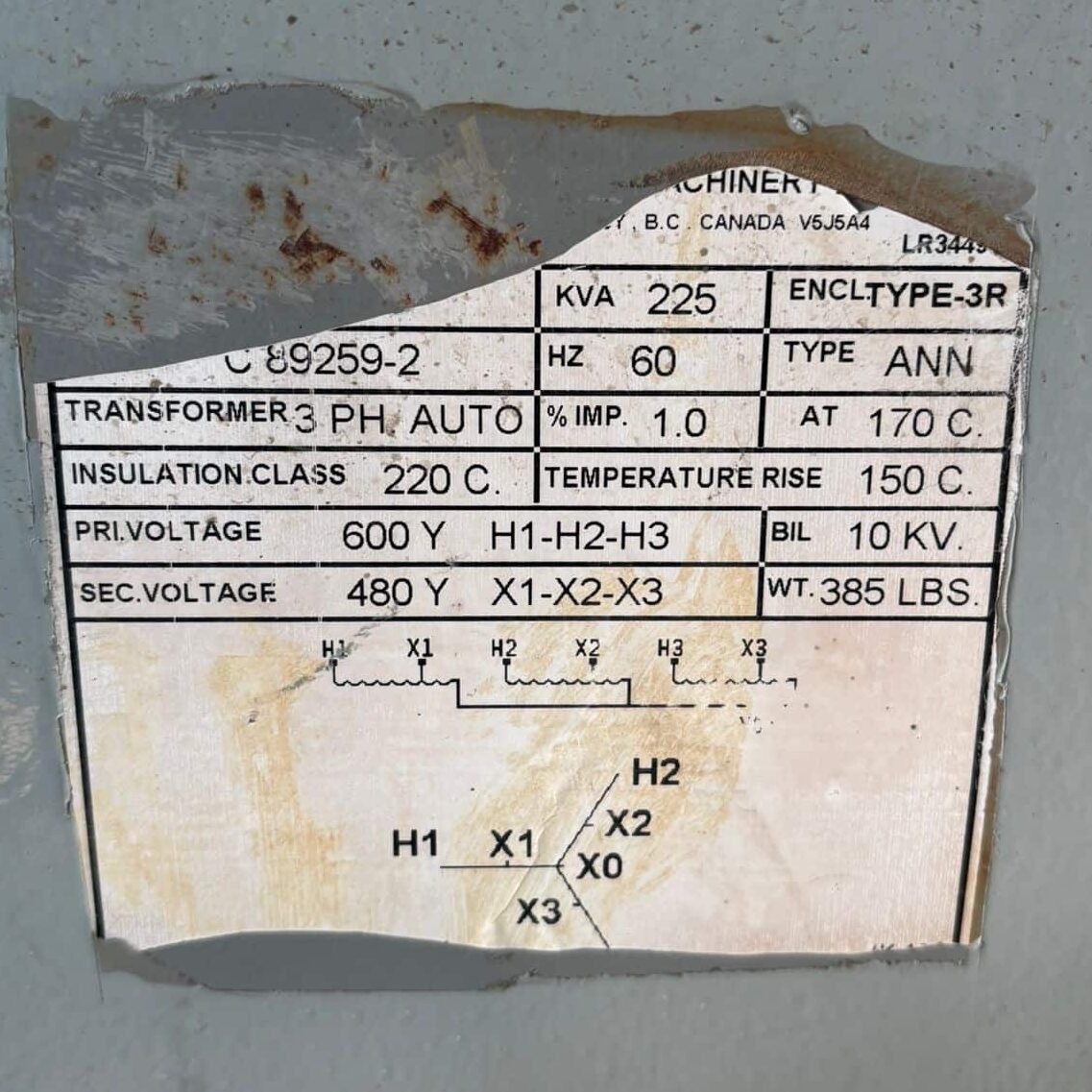225 KVA 600 Primary, 480 Secondary, Beaver #RA225J-H/X/B, Dry Type Auto-Transformer, 3 Phase - Image 2