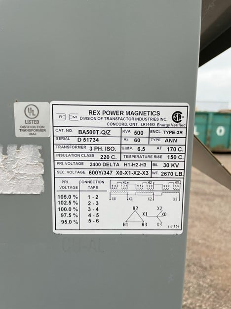 500 KVA 2400 Delta Primary, 600/347 Delta Secondary, Rex Power Magnetics #BA500T-Q/Z, Dry Type Isolation - Image 5