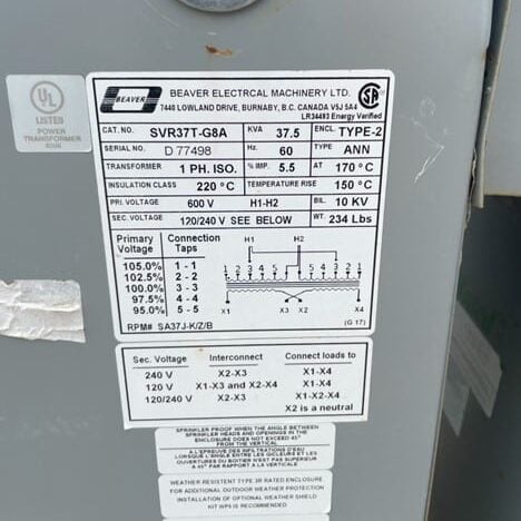 37.5 KVA 600 Primary, 120/240 Secondary, Beaver #SVR37T-G8A, Dry Type Isolation Transformer, 1 Phase - Image 5
