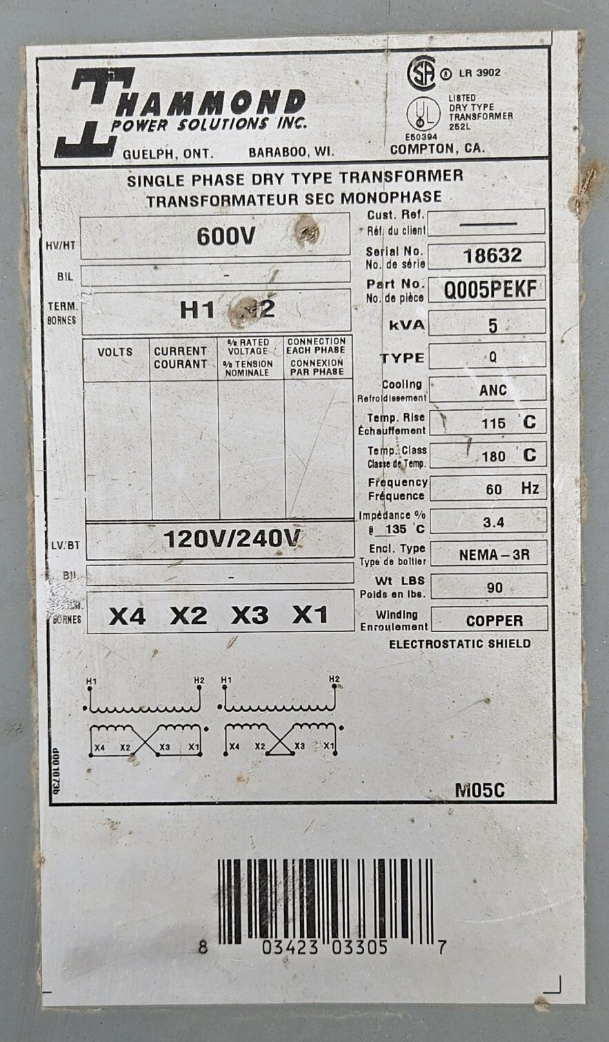 5 KVA, Metalec Sudbury, Mini Power Distribution Center, 600 Volts to 120/240 Volts, 1 phase, 60 Hz. - Image 6