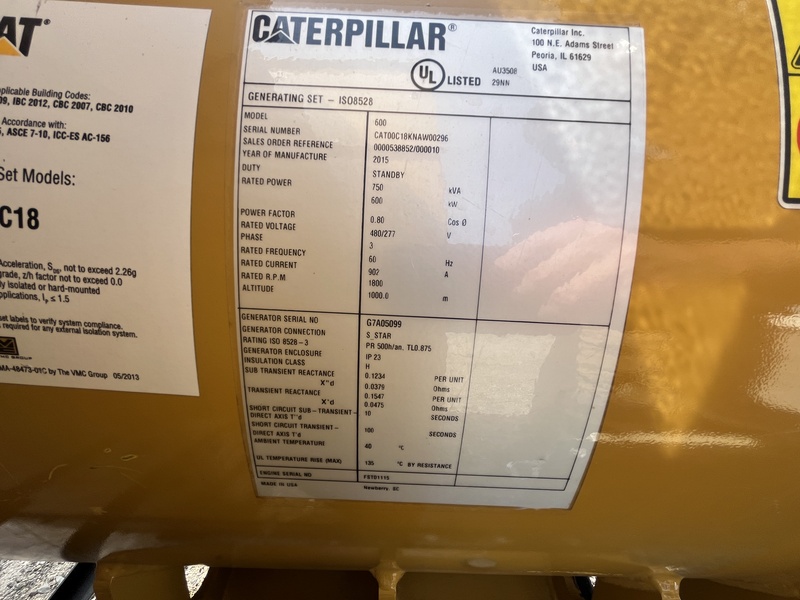 600 KW Caterpillar #C18, diesel generator set, 277/480 Volts, 142 hours, 1800 RPM, EPA Tier 2, skid mounted - Image 8