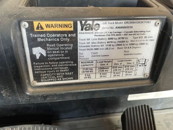5000 lb. Yale #ERC050VGN36TF083, Electric Forklift, 126" load height, 36-Volt battery system - Image 5