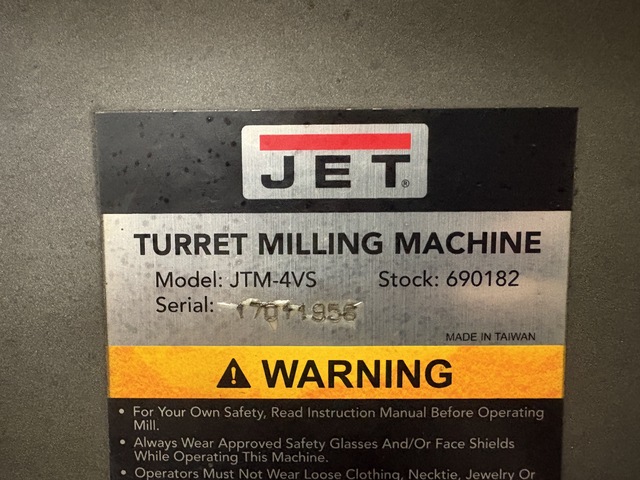 Jet #JTM-4VS, Vertical Milling Machine, 34" X, 12" Y, 14.5" Z, 9" x 49" table, 3 HP, 60-4200 RPM, 2-axis - Image 7