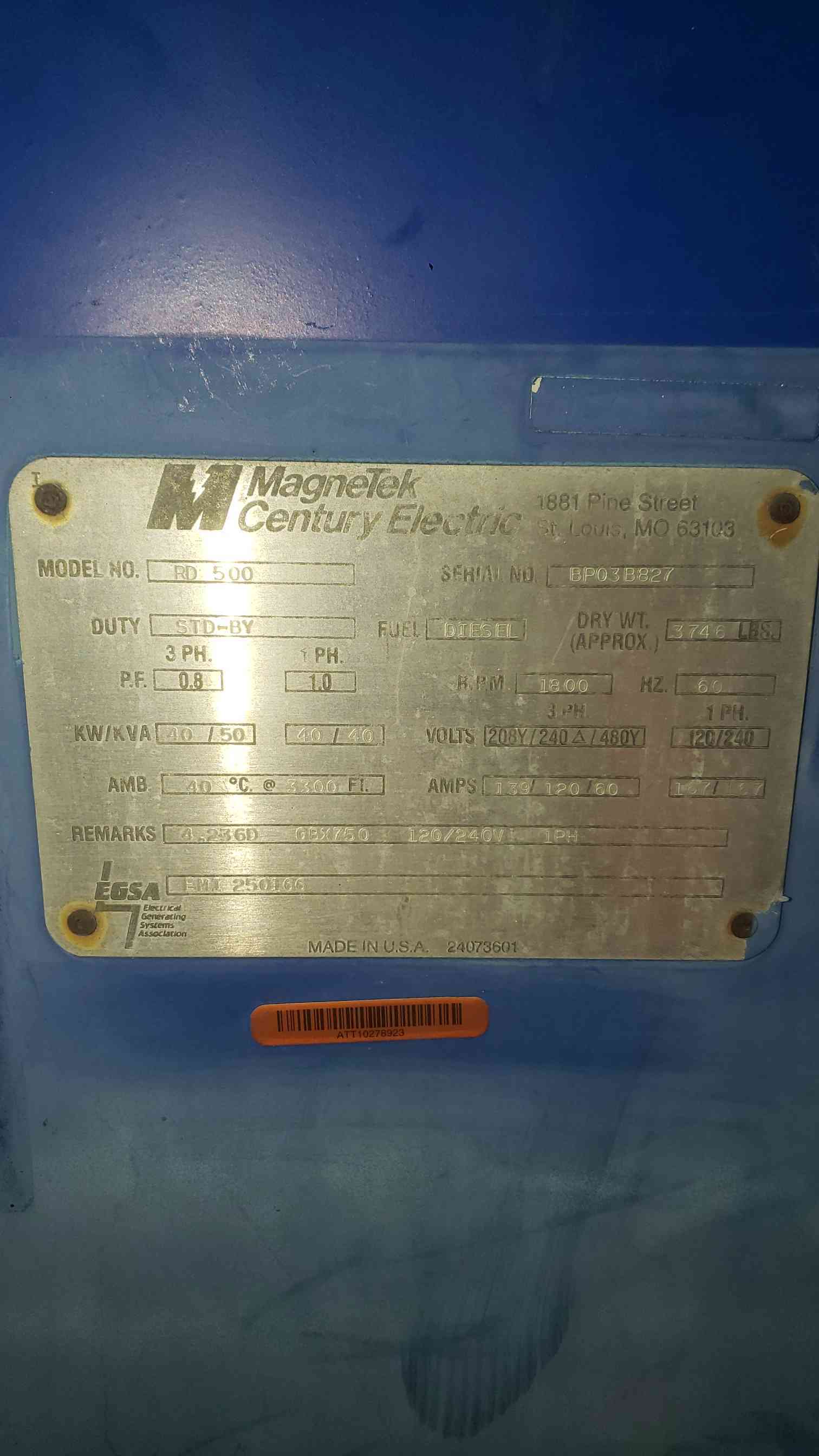 40 KW MagneTek #RD500, Standby Diesel Generator, 120/240 V./480 Volts, 1 & 3 Phase, 835 Hrs, AS IS - Image 7