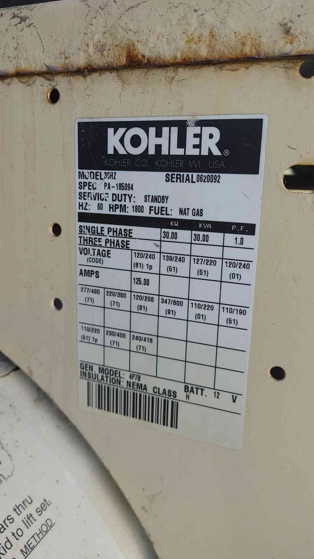 30 KW Kohler #30RZ, Natural Gas Standby Generator, 120/240 Volts, 1 Phase, 692 Hrs - Image 4