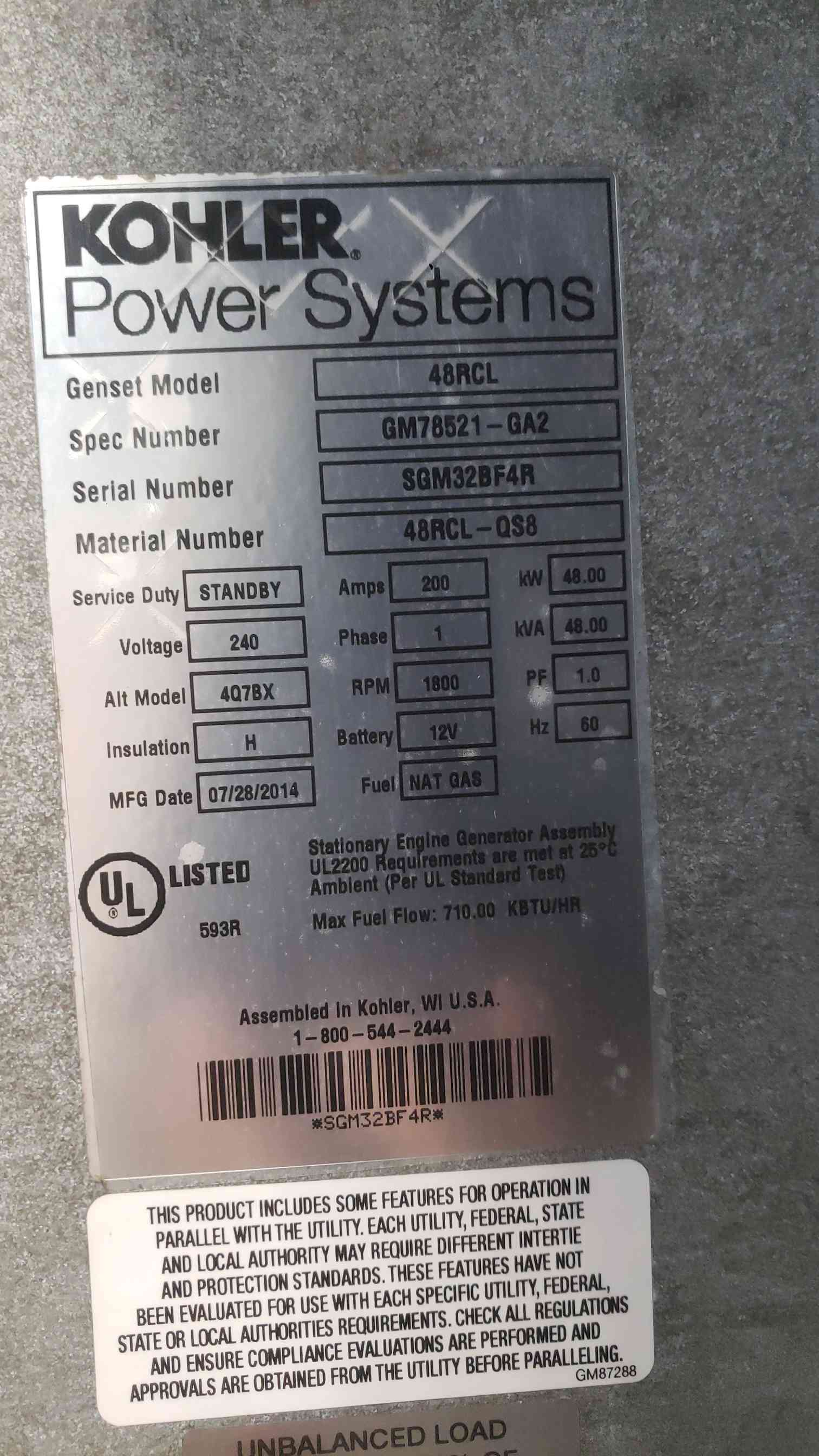 48 KW Kohler #48RCL, LP/Natural Gas Generator, 240 Volts, 1 Phase, 200 Amp, 212 Hrs, Tested, AS IS - Image 9