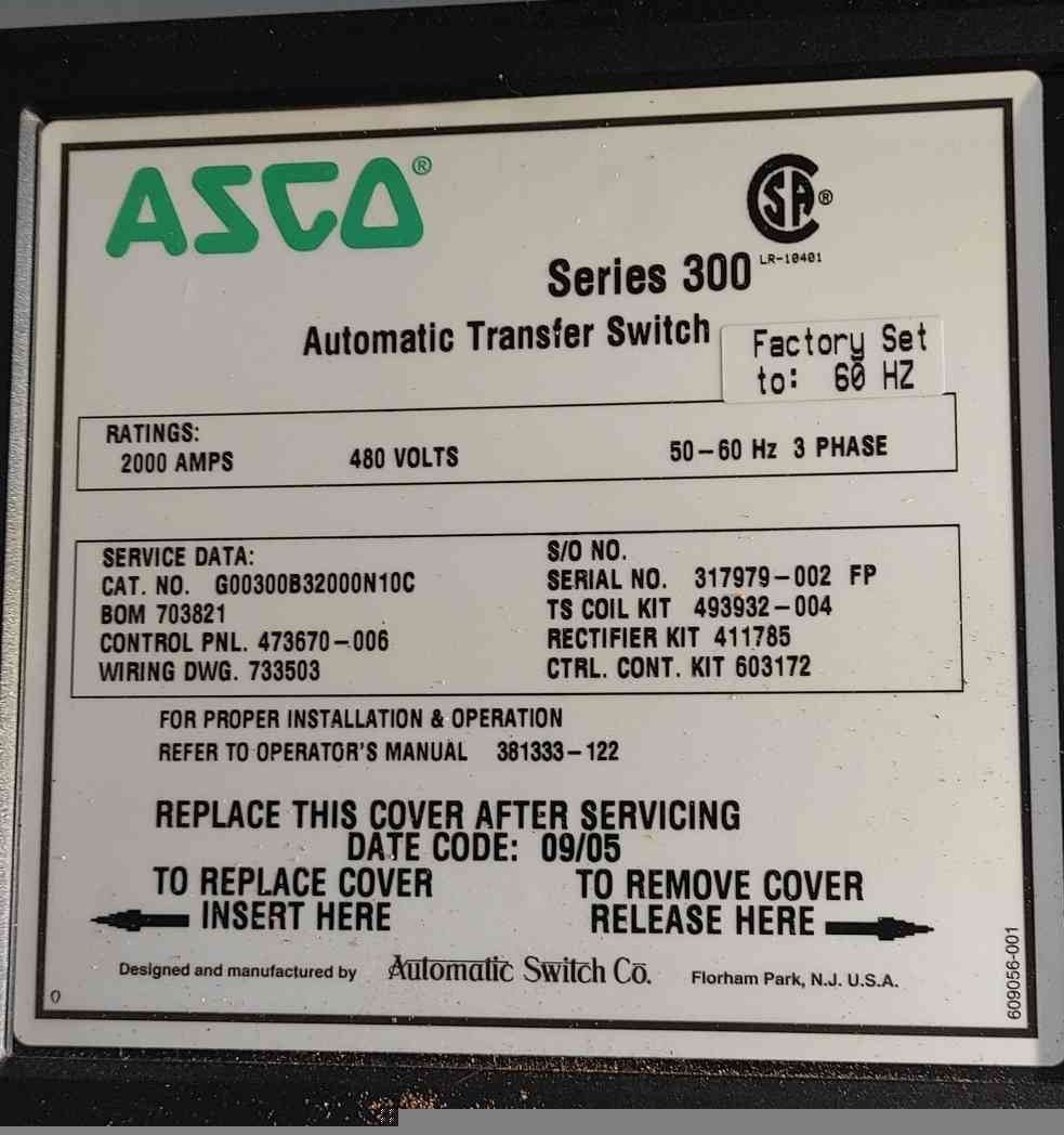 2000 Amp. ASCO Series 300 #G00300B32000N10C, Automatic Transfer Switch, 480 Volts, 3 Phase - Image 3