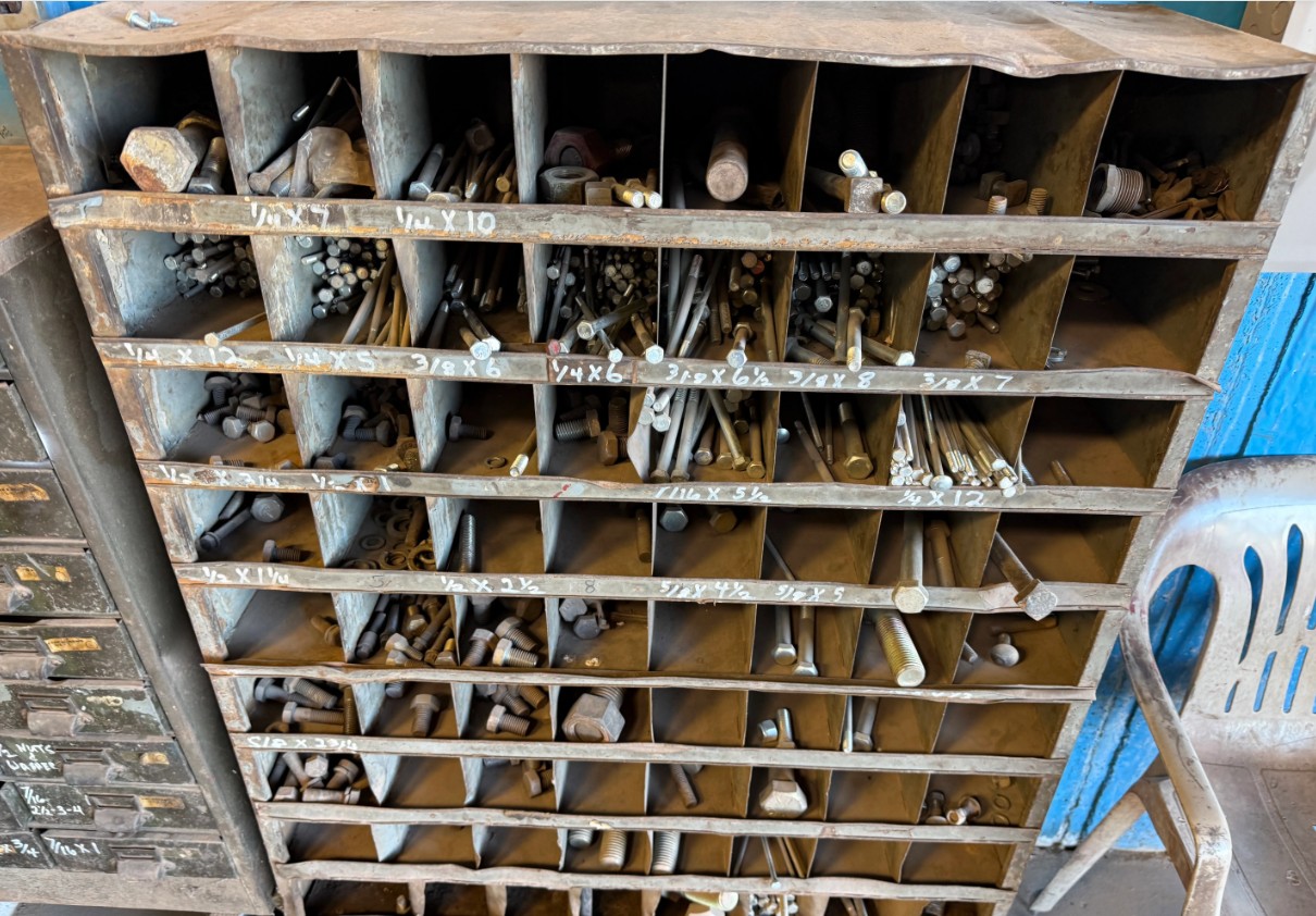 Industrial Bolt Bin & Parts Storage System, (3) steel bolt bin racks, (3) buckets of assorted - Image 2