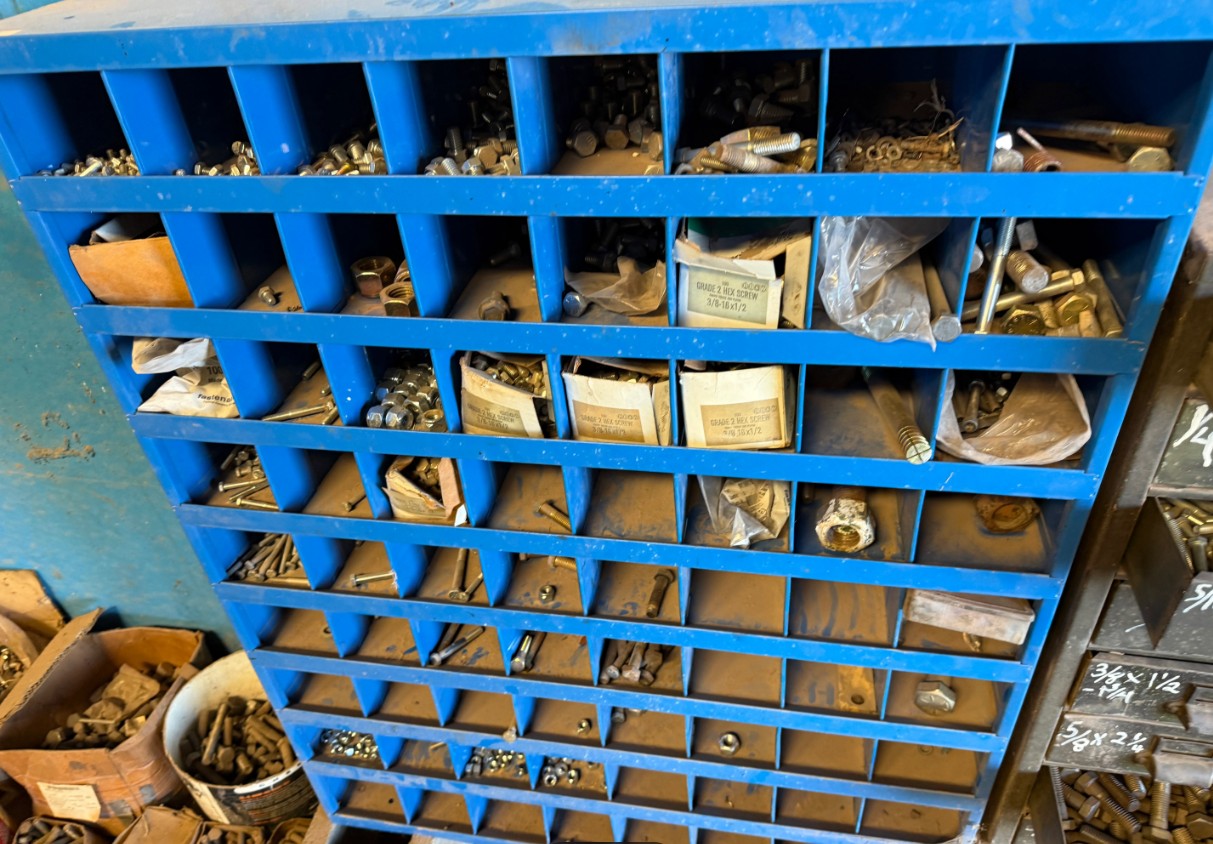 Industrial Bolt Bin & Parts Storage System, (3) steel bolt bin racks, (3) buckets of assorted - Image 4