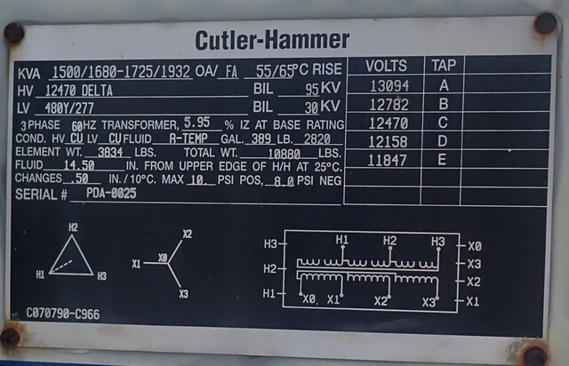 1500/1680/1725/1932 kVA, 12470 Delta Primary, 480/277 Wye Secondary, Cutler Hammer Substation - Image 1