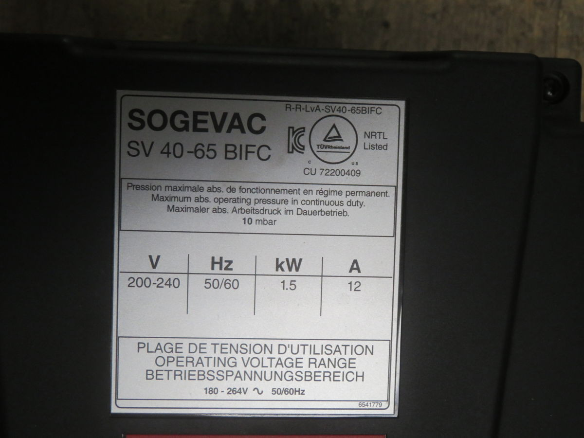 38.3 CFM, Sogevac #SV40-65-BIFC, Rotary Vane Vacuum Pump, 200-240 V., 1.5 kW (2 available) - Image 8