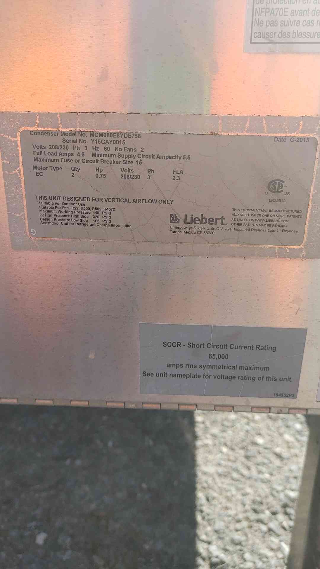 Liebert #MCM080E8, MicroChannel outdoor air cooled condenser, 2 Fan, 208/230 V., 3 phase - Image 3