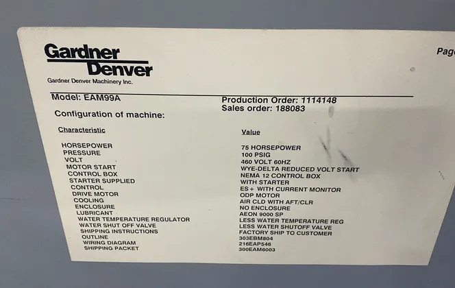 Gardner Denver #EAM99A, Rotary Screw Air Compressor, 75 HP, Electra Saver, 3 Ph., 460 V., 2001 - Image 10