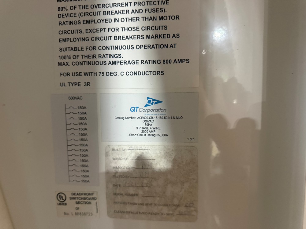 2000 Amp. QT Corp #ACR600-CB-1-150-50-N1-N-MLO, Switchboard, 600 VAC, 3 phase 4 Wire - Image 3