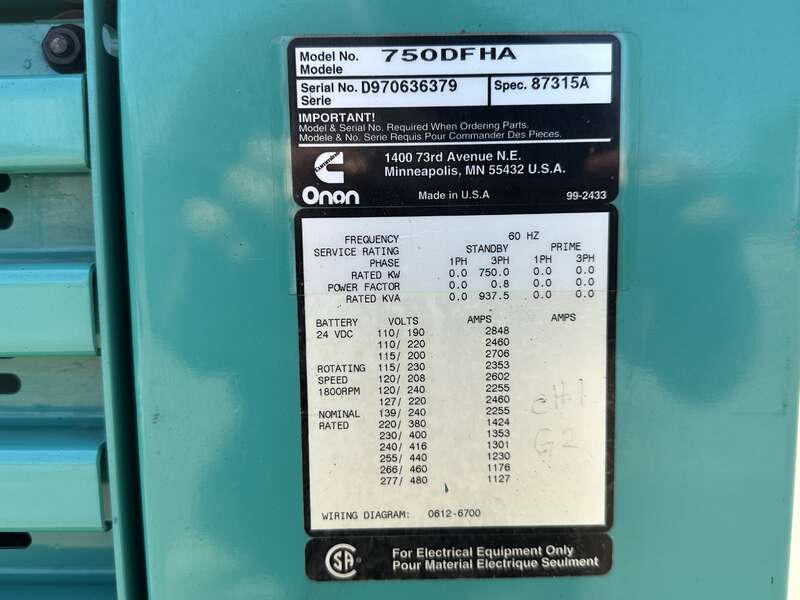 750 KW Cummins #DFHA, diesel generator set, 277/480 Volts, 1435 HP @ 1800 RPM, QST30-G1 engine, open power - Image 9