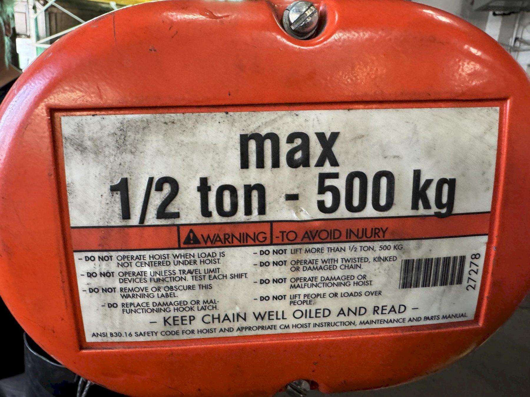 1 Ton, CM Lodestar #F2, electric chain hoist, 8' lift, 5/16 FPM, 1/2 HP, 230 V., 3 Ph., manual trolley - Image 3
