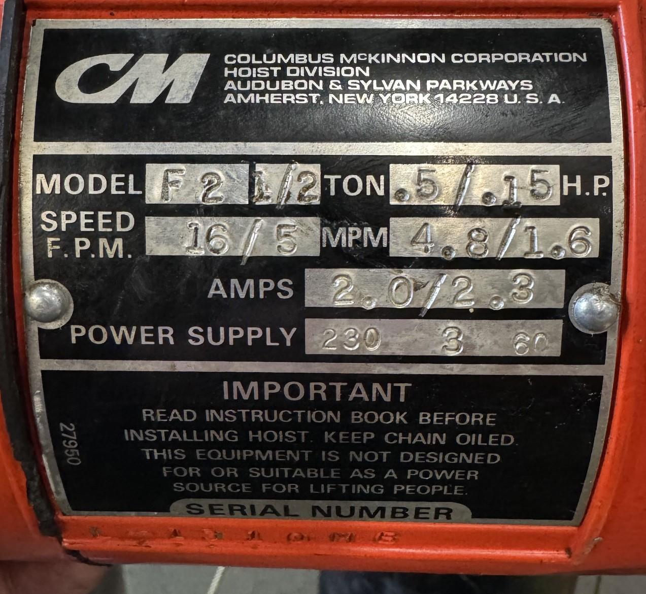 1 Ton, CM Lodestar #F2, electric chain hoist, 8' lift, 5/16 FPM, 1/2 HP, 230 V., 3 Ph., manual trolley - Image 6