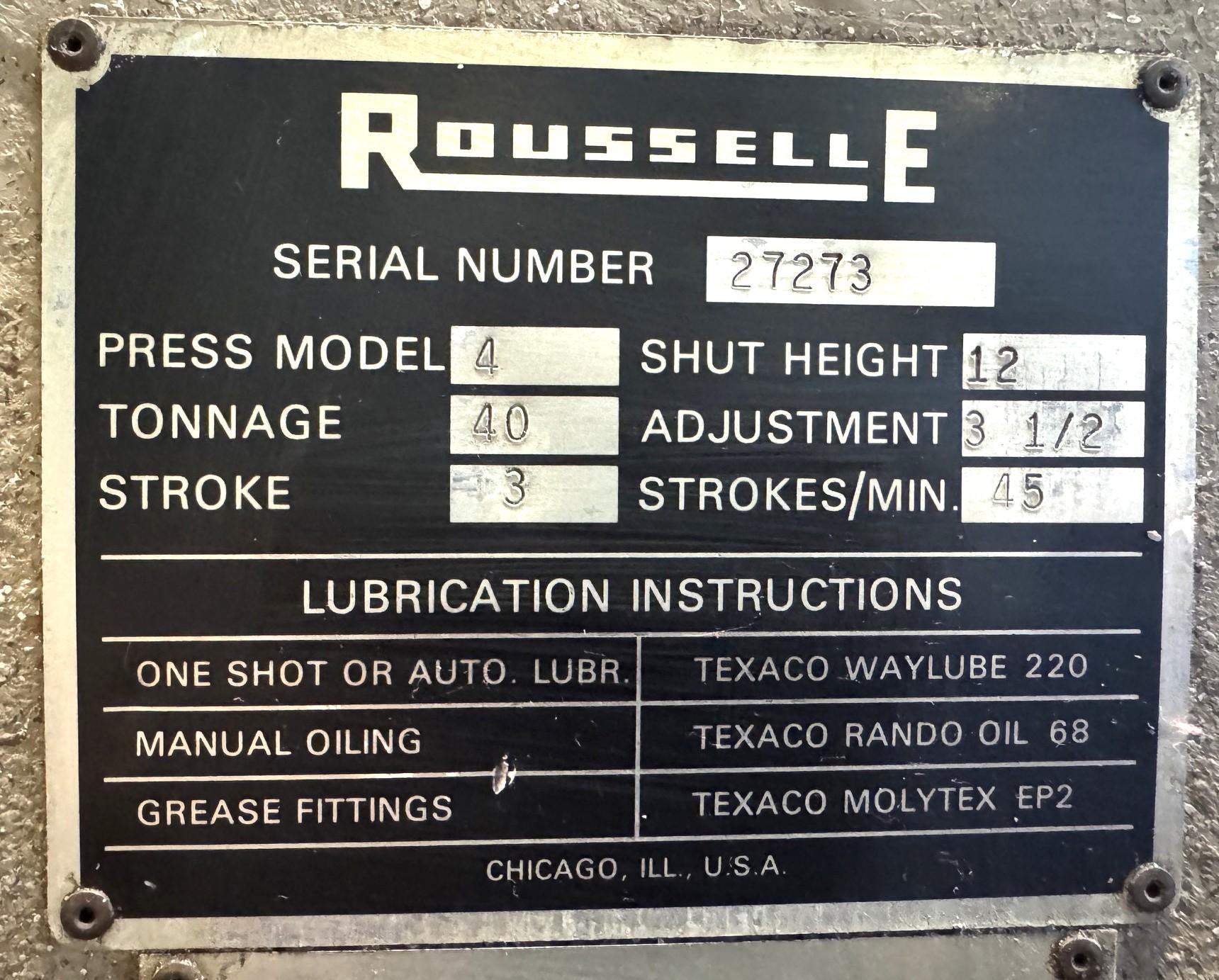 40 Ton, Rousselle #4, OBI press, 3" stroke, 12" Shut Height, 26" x 16" bed, 45 SPM, 3 HP, air clutch - Image 9