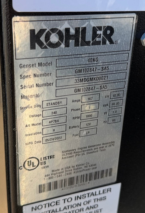 40 KW Kohler #40KG, Natural Gas / Propane Generator, 120/240 Volts - Image 6