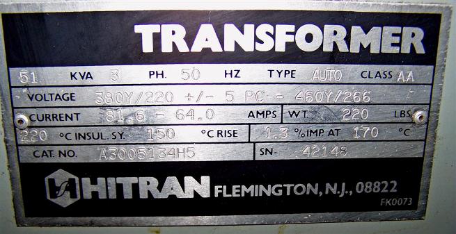 51 KVA 380 Primary, 220 Secondary, Hitran, Auto Transformer, 3 Phase, 50 Hz. - Image 5