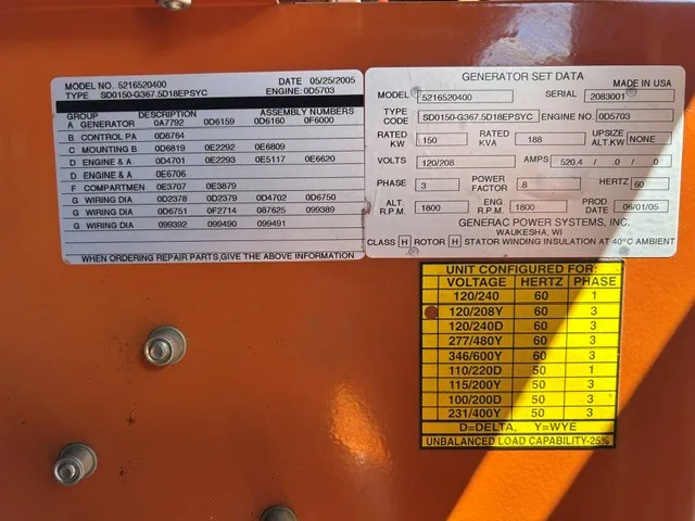 150 KW Generac #5216520400, diesel generator set, 120/208 Volts, 3 phase, 500 hours, 2005 - Image 5