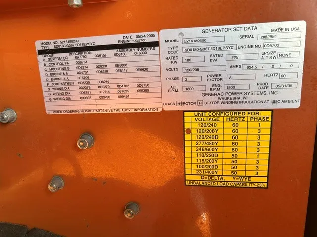 180 KW Generac #5216180200, diesel generator set, 120/208 Volts, 3 phase, 500 hours, 2005 - Image 5