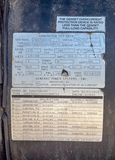275 KW Generac #SD0275, diesel generator set, enclosed, 120/208 Volts, 3 phase, 2013 - Image 6